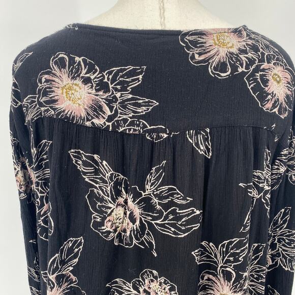 Amuse Society Floral Print Blouse Top Keyhole Tie Neckline Black Light Pink S - Picture 6 of 8